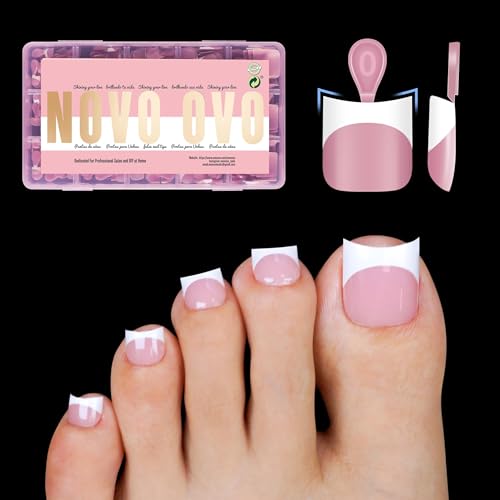 NOVO OVO Halloween Short Toe Nail Tips White French Tip with Moon Curve BERRY PINK Thick Sharp Square Toenail Extension Soft Gel False Nail Kit Need Glue Builder Gel Top Coat x15 Sizes 240 pcs - Image 1