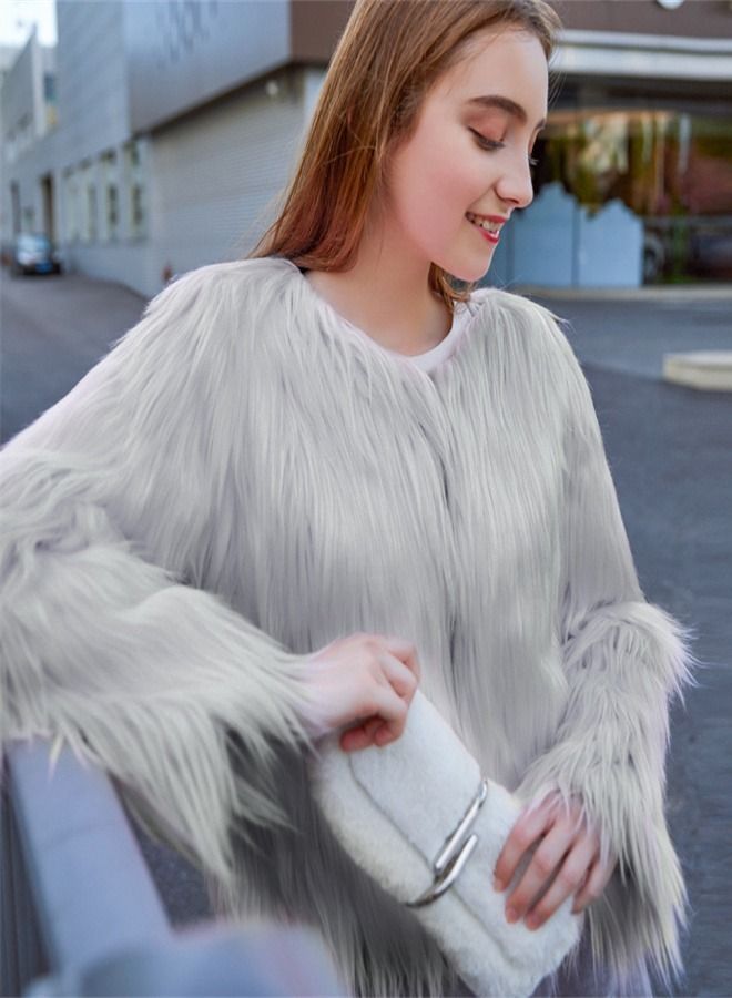 Loquat Women's Solid Color Wash Imitation Fur Short Coat Grey  - Image 1