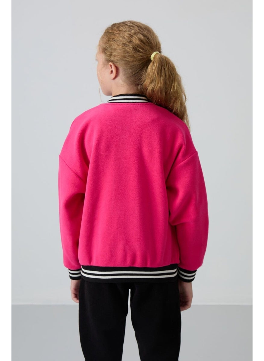 Tommy Life - Fuchsia Thick Soft Texture Standard Fit Embroidered Fleece Girls College Jacket - 75156 - Image 1
