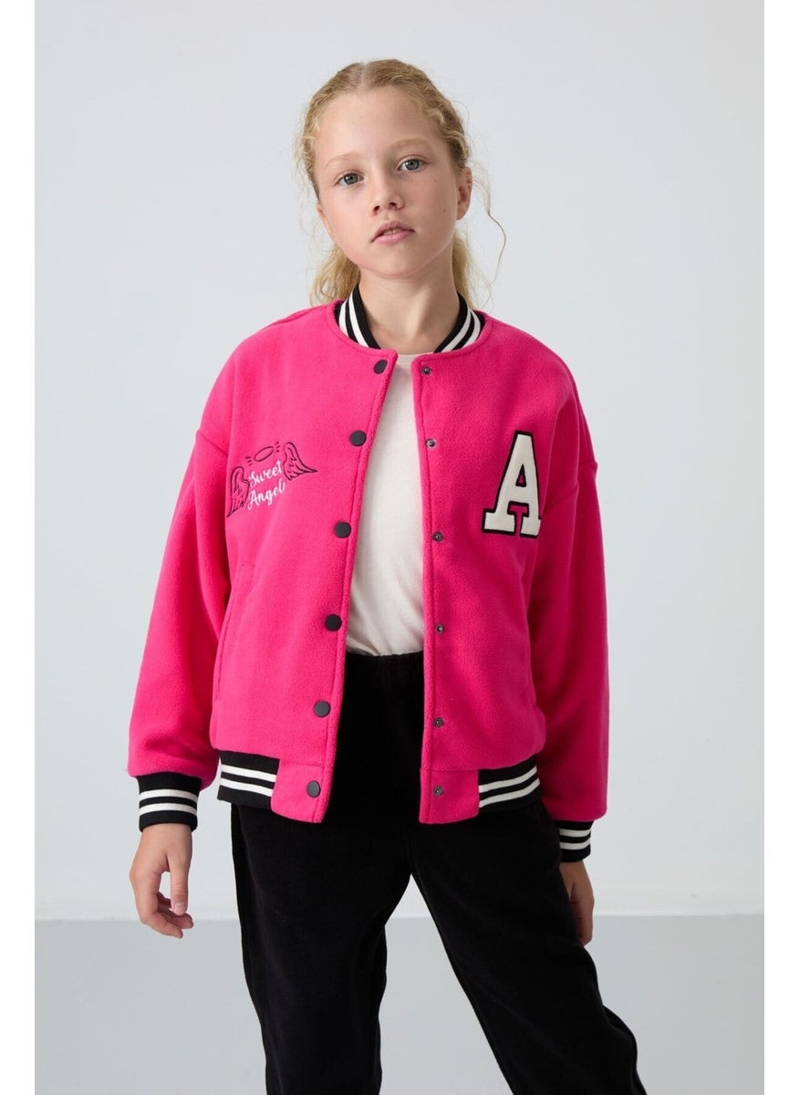 Tommy Life - Fuchsia Thick Soft Texture Standard Fit Embroidered Fleece Girls College Jacket - 75156 - Image 1