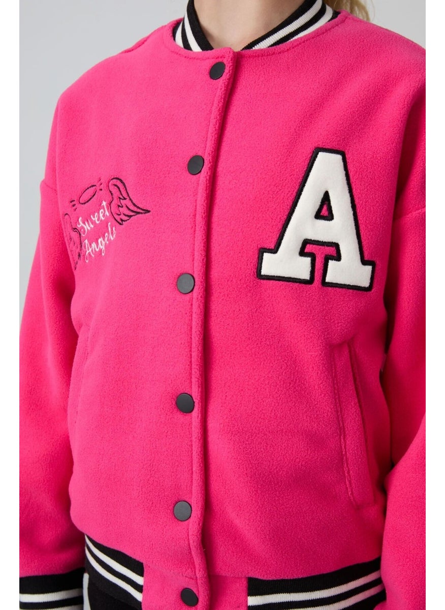Tommy Life - Fuchsia Thick Soft Texture Standard Fit Embroidered Fleece Girls College Jacket - 75156 - Image 1