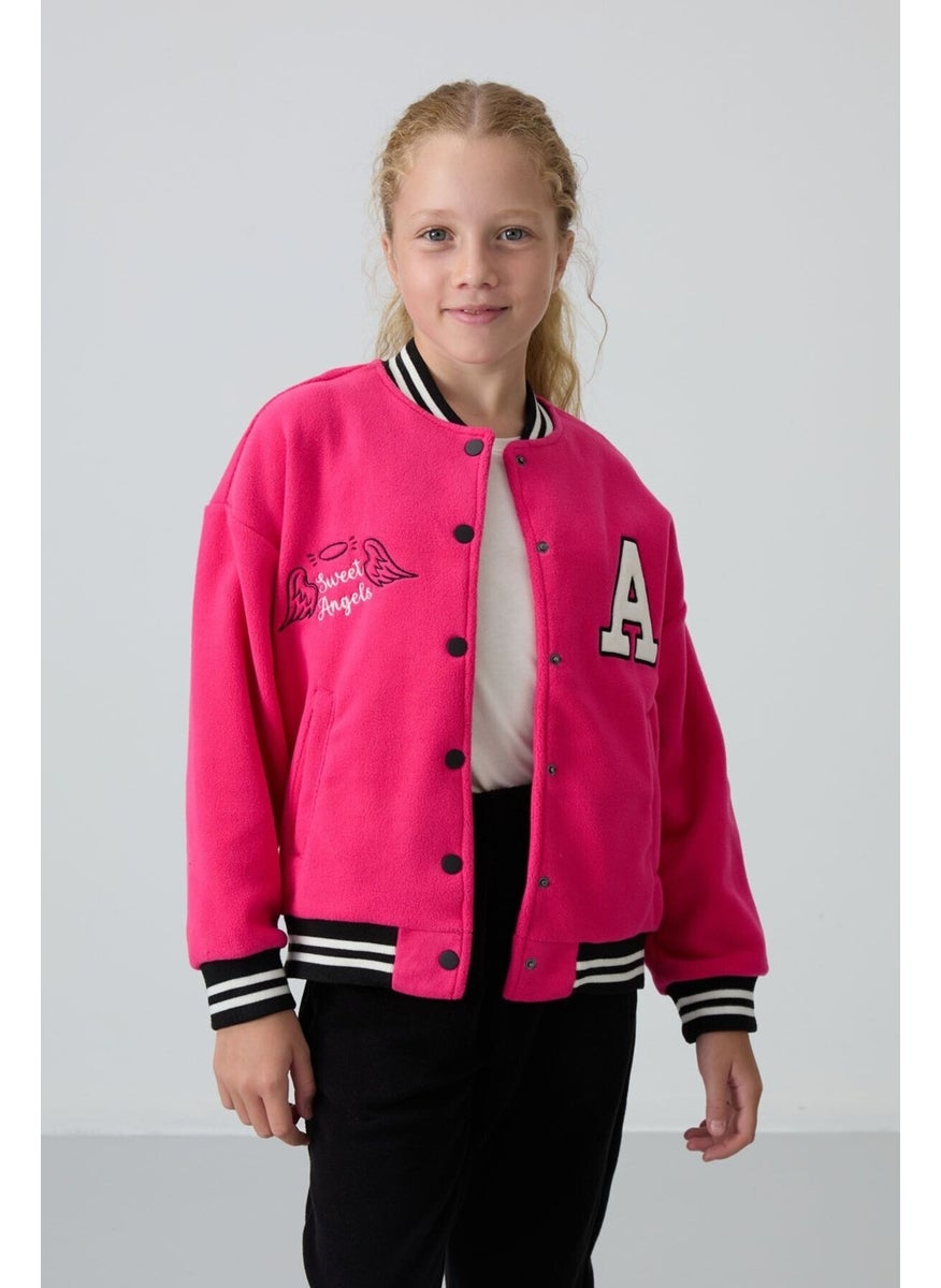 Tommy Life - Fuchsia Thick Soft Texture Standard Fit Embroidered Fleece Girls College Jacket - 75156 - Image 1