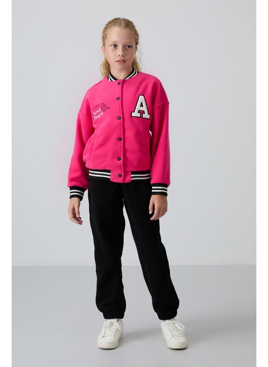 Tommy Life - Fuchsia Thick Soft Texture Standard Fit Embroidered Fleece Girls College Jacket - 75156 - Image 1