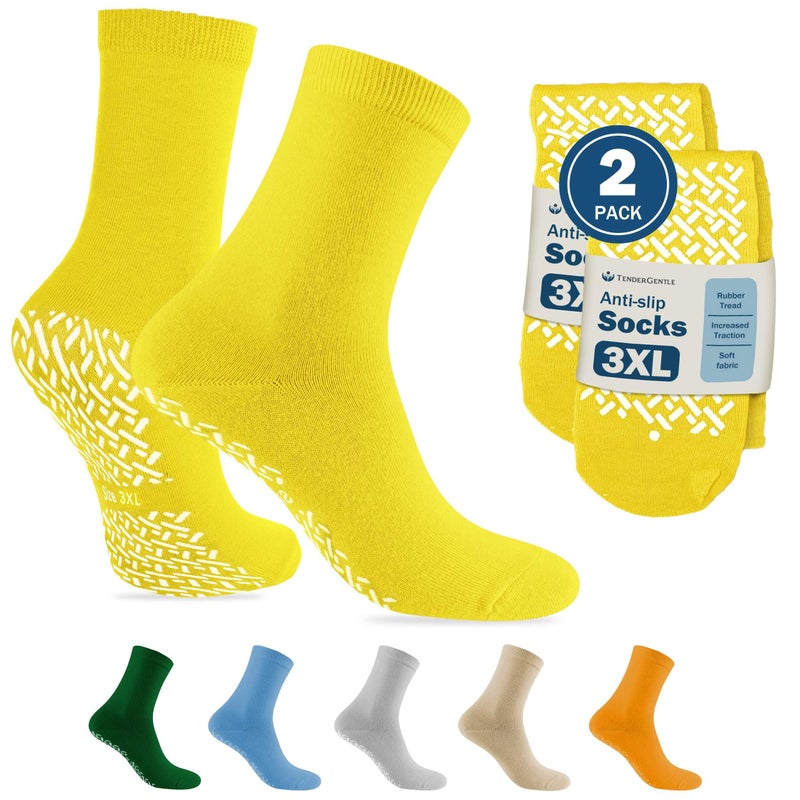 TenderGentle Hospital Socks with Grips for Men and Women - 2 Pairs of Yellow 3XL Grippy Socks for Elderly - Hospitals, Nursing Homes, and Long Term Care Facilities - Soft and Stretchy - Image 1