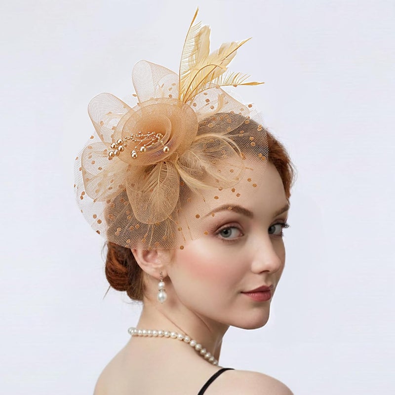 DRESHOW Fascinators Hat Flower Mesh Ribbons Feathers on a Headband and a Clip Tea Party Headwear for Girls and Women - Image 3