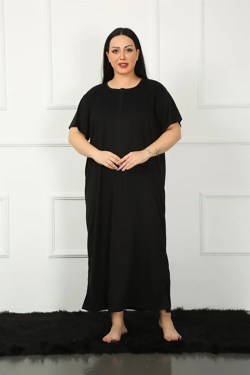 Akbeniz Big Lace Short Sleeve Black Mother Nightgown 1348