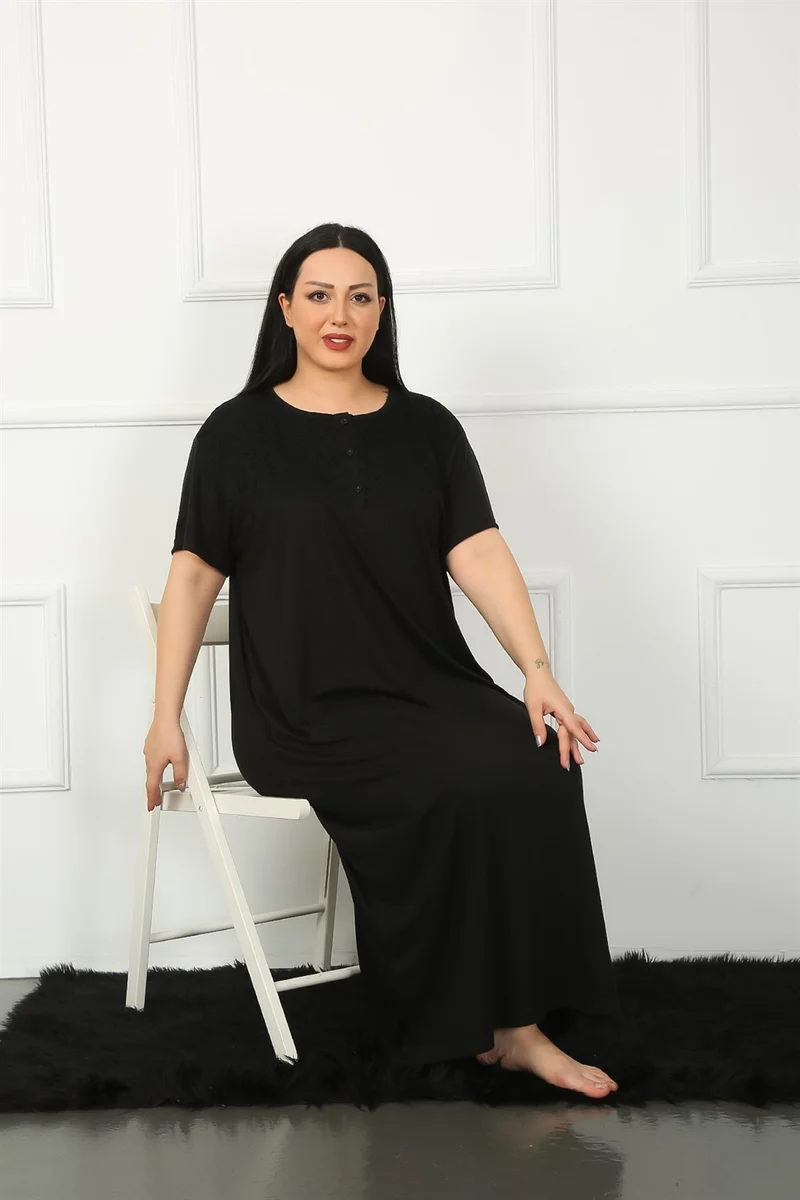 Akbeniz Big Lace Short Sleeve Black Mother Nightgown 1348