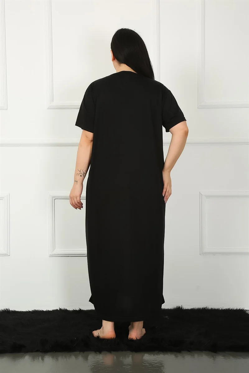 Akbeniz Big Lace Short Sleeve Black Mother Nightgown 1348