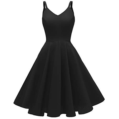GOOBGS Women's 1950s Retro Vintage Spaghetti Strap Cocktail Swing Dresses with Pockets Black S - Image 1