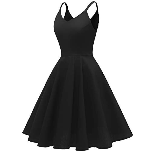 GOOBGS Women's 1950s Retro Vintage Spaghetti Strap Cocktail Swing Dresses with Pockets Black S - Image 2