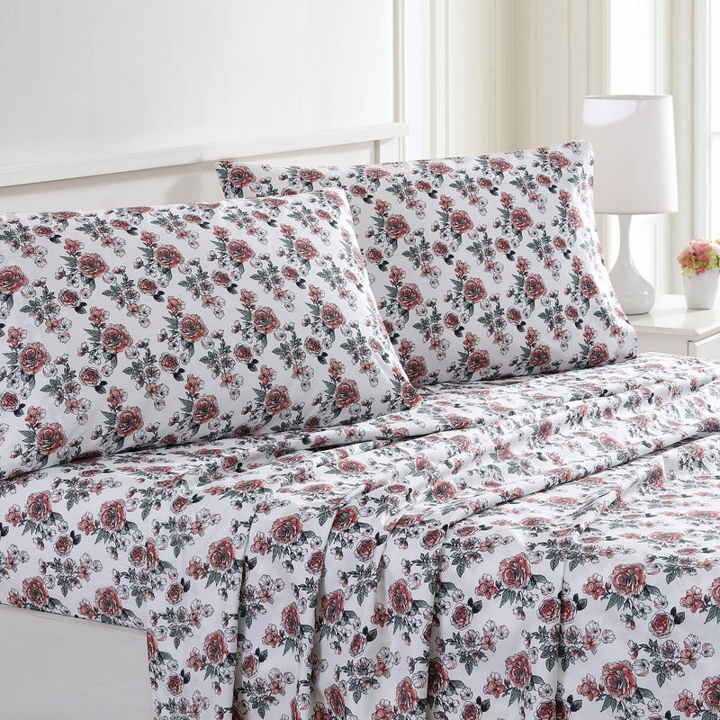 Modern Threads Modern Threads Printed 4Piece Extra Soft Bedding Sheets  Pillowcase Set Deep Pocket up to 16 inch Mattress Rose Bloom King 