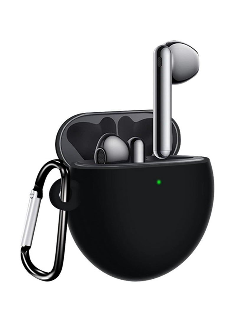 LEDIN Silicone Case Cover for Huawei FreeBuds 4 with Carabiner and Charging Port Accessibility anti shock, full protection, (Black)  - Image 1