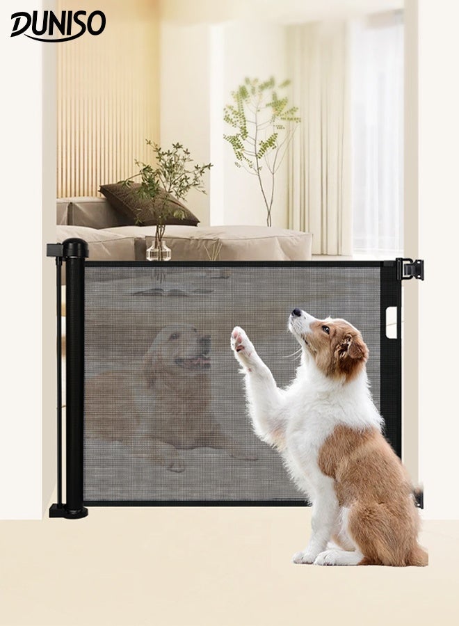 DUNISO بوابة أمان قابلة للسحب للأطفال من شبكة، بوابة أمان للسلم، بوابة أمان قابلة للنقل للأطفال والحيوانات الأليفة، عملية صامتة بيد واحدة، بوابة حواجز قابلة للتمديد، بوابة أمان مزدوجة التركيب، تركيب سهل، حاجز أمان للمداخل، السلالم، الداخلية، الخارجية، الممرات - Image 1