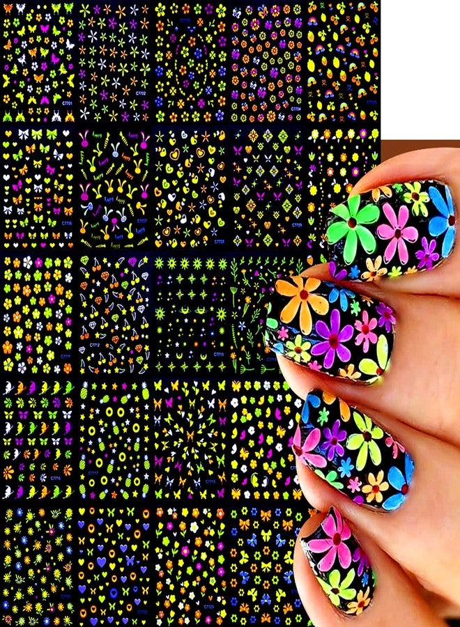 Snmzlc 24 Sheets Nail Art Stickers,Fluorescence Flower Butterfly Heart Nail Decals for Nails Design,3D Self Adhesive Supplies,Design Decoration Accessories for Women and GirlsUS354 (Fluorescence C77) - Image 1