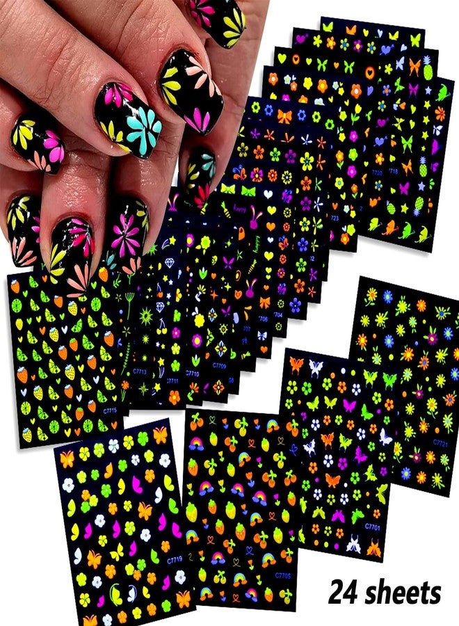Snmzlc 24 Sheets Nail Art Stickers,Fluorescence Flower Butterfly Heart Nail Decals for Nails Design,3D Self Adhesive Supplies,Design Decoration Accessories for Women and GirlsUS354 (Fluorescence C77) - Image 3