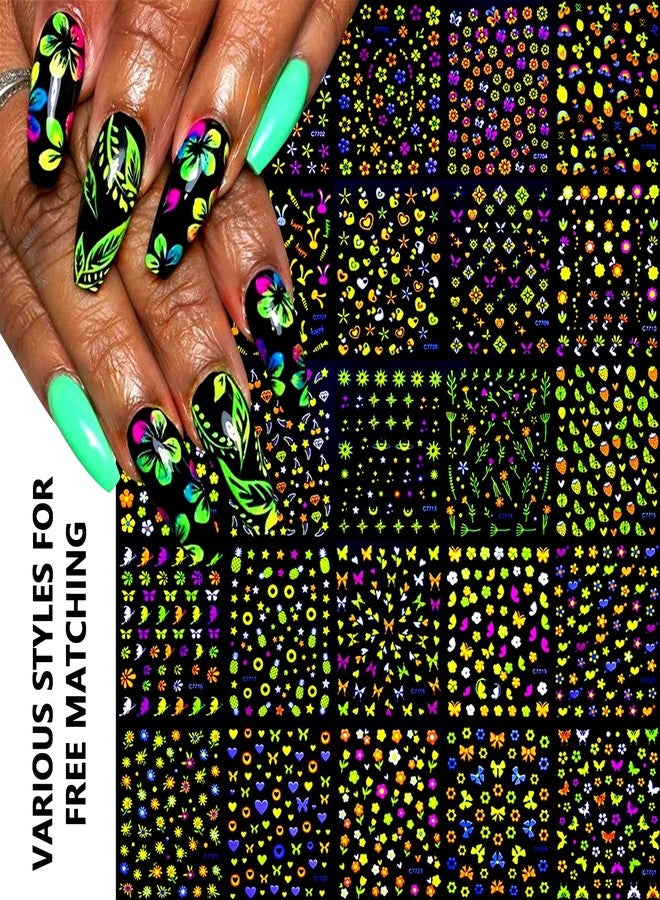 Snmzlc 24 Sheets Nail Art Stickers,Fluorescence Flower Butterfly Heart Nail Decals for Nails Design,3D Self Adhesive Supplies,Design Decoration Accessories for Women and GirlsUS354 (Fluorescence C77) - Image 4