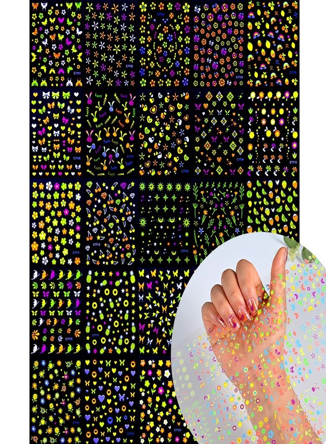 Snmzlc 24 Sheets Nail Art Stickers,Fluorescence Flower Butterfly Heart Nail Decals for Nails Design,3D Self Adhesive Supplies,Design Decoration Accessories for Women and GirlsUS354 (Fluorescence C77) - Image 5