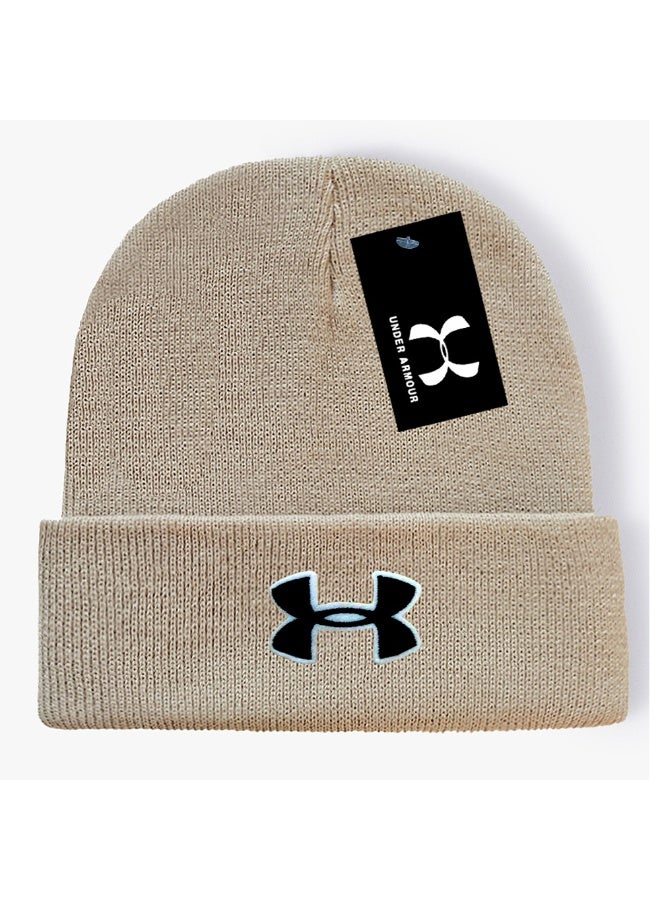 Under Armour Beige Ribbed Knit Beanie (Black & White Logo)