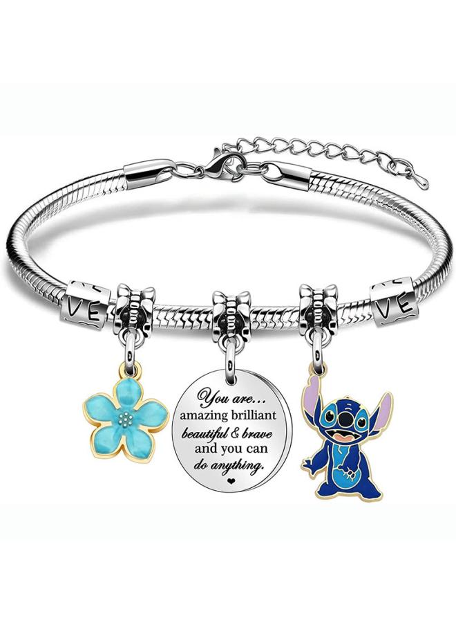 NIBEMINENT Stainless Steel Snake Bone Chain Bracelet Stitch Blue Flower Love Pendant Round Card Engraving 