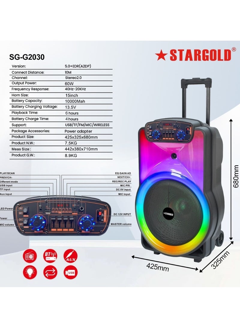 Stargold SG-G2030 15 Inch Multimedia Speaker System with Wireless Mic LED Display and 20000W PMPO  - Image 2