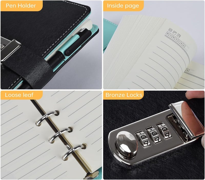 ARRLSDB Diary Journal for Women with Lock, PU Leather Combination Lock Diary A6 Refillable Leather Journal, Size:18.5X13.5 cm (Black) - Image 2