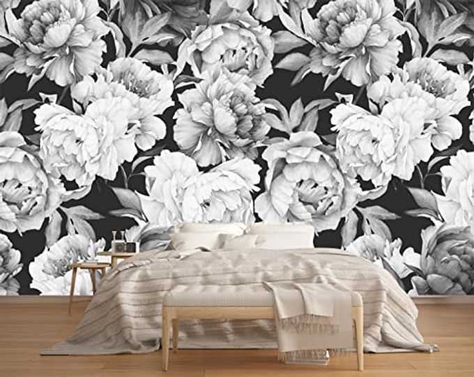 BLACK AND WHITE PEONIES WALLPAPER WATERCOLOR FLORAL MURAL WALLPAPER FOR BEDROOM LIVING ROOM NOT PEEL N STICK