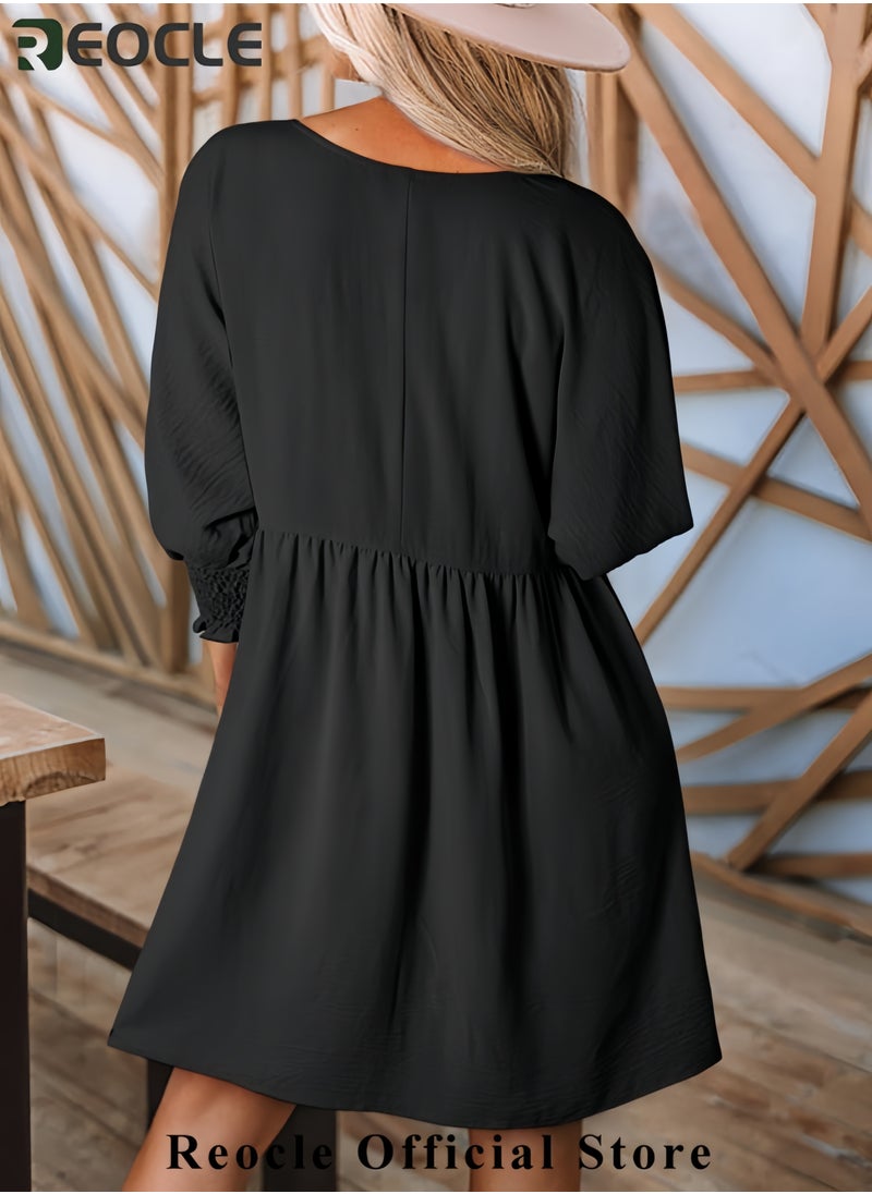 REOCLE Womens Summer Spring Dresses Casual Tunic Dress Short Sleeve Crew Neck Flowy Swing Mini Dress  - Image 3