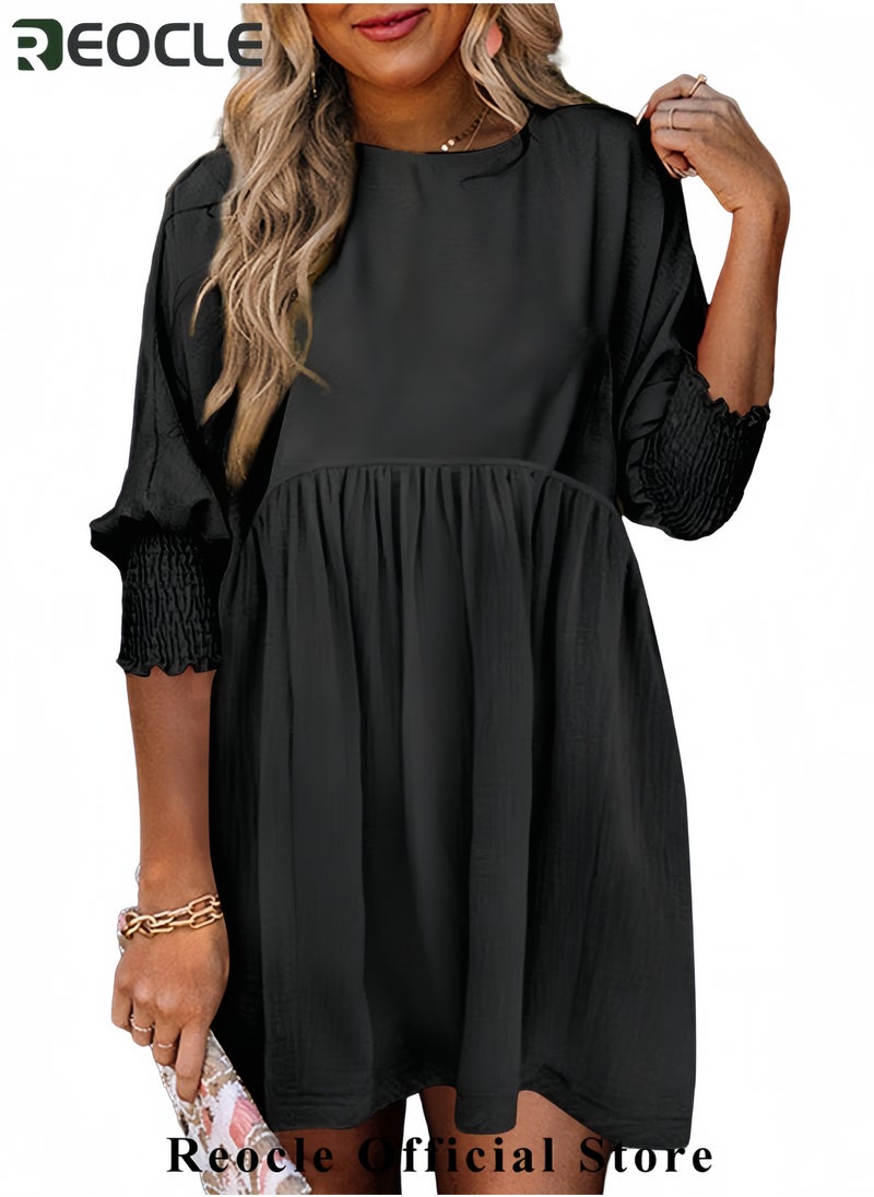 REOCLE Womens Summer Spring Dresses Casual Tunic Dress Short Sleeve Crew Neck Flowy Swing Mini Dress  - Image 2