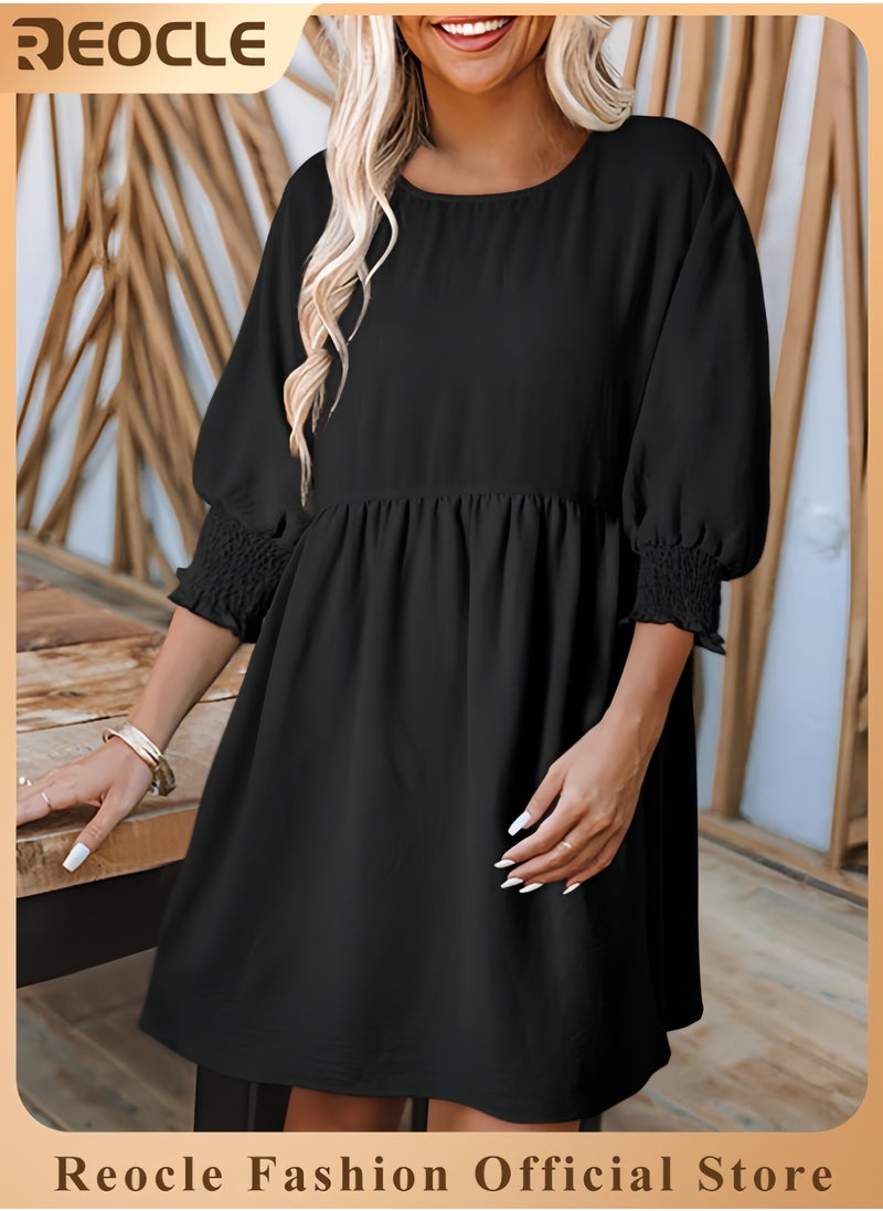 REOCLE Womens Summer Spring Dresses Casual Tunic Dress Short Sleeve Crew Neck Flowy Swing Mini Dress  - Image 1