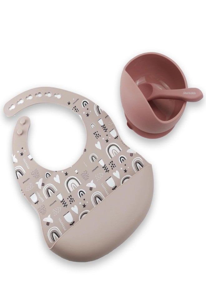 StarKiddo® Smart Silicone Suction Bowl & Spoon with Adjustable Printed Bib and Weaning Spoon | BPA Free Non-Toxic | Baby-Led Weaning Supplies for Toddler Self-Feeding (Pink) - Image 1