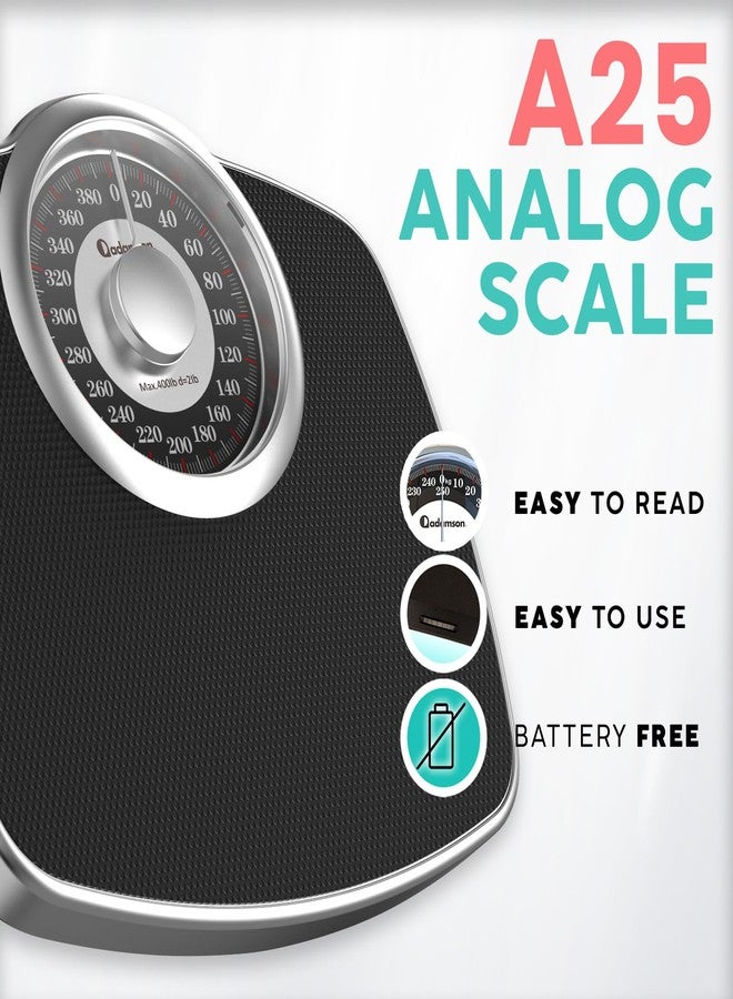 Adamson A25 Scales for Body Weight - Up to 400 LB - New - 5.3" Dial on 12.4" x 10.2" Platform - Anti-Skid Rubber Surface - Bathroom Scale Analog - Durable with 20-Year Assurance - Silver - Image 2