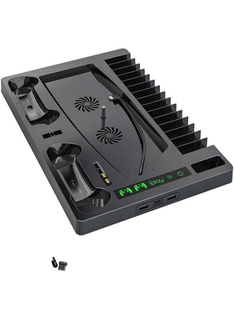 Vertical Stand for PlayStation 5 – Dual Cooling Fans, Dual Controller Charging Station, Game Storage for 15 Discs, Headset & Remote Holder – Compatible with Digital & Disc Edition – Black - Image 4