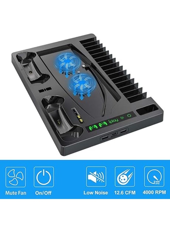 Vertical Stand for PlayStation 5 – Dual Cooling Fans, Dual Controller Charging Station, Game Storage for 15 Discs, Headset & Remote Holder – Compatible with Digital & Disc Edition – Black - Image 5