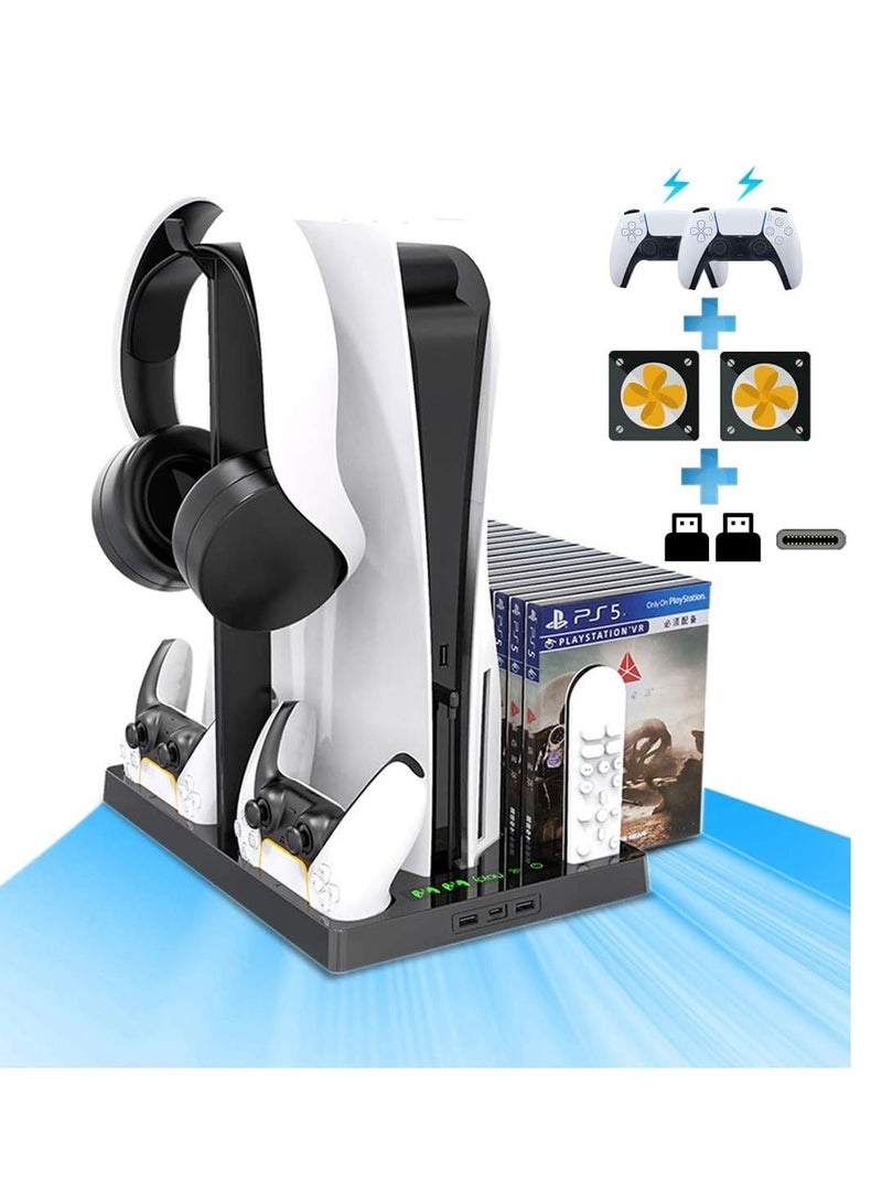 Vertical Stand for PlayStation 5 – Dual Cooling Fans, Dual Controller Charging Station, Game Storage for 15 Discs, Headset & Remote Holder – Compatible with Digital & Disc Edition – Black - Image 1