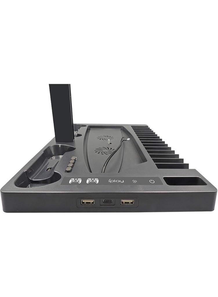 Vertical Stand for PlayStation 5 – Dual Cooling Fans, Dual Controller Charging Station, Game Storage for 15 Discs, Headset & Remote Holder – Compatible with Digital & Disc Edition – Black - Image 2