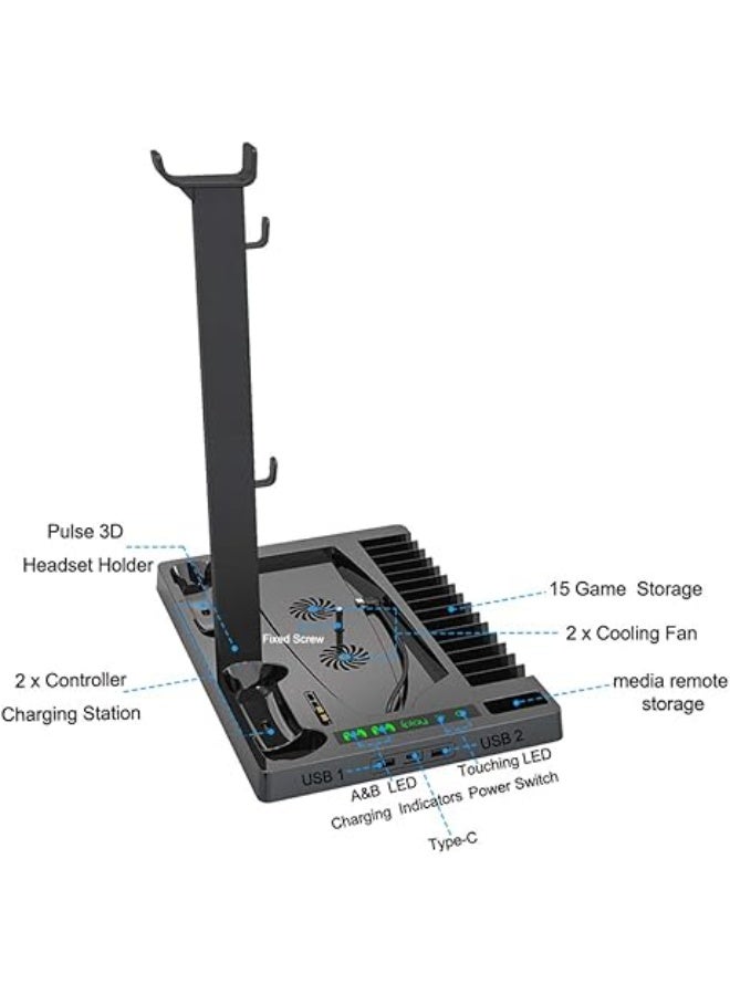 Vertical Stand for PlayStation 5 – Dual Cooling Fans, Dual Controller Charging Station, Game Storage for 15 Discs, Headset & Remote Holder – Compatible with Digital & Disc Edition – Black - Image 3