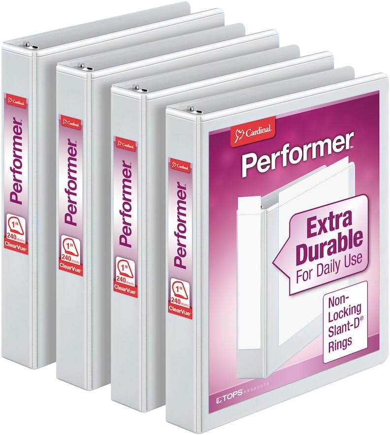 Cardinal مجلدات Performer 3-Ring، 1"، حلقات Slant-D غير القابلة للقفل، سعة 240 ورقة، عرض ClearVue، غير لاصق، خالي من PVC، أبيض، عبوة 4 (27200) - Image 1