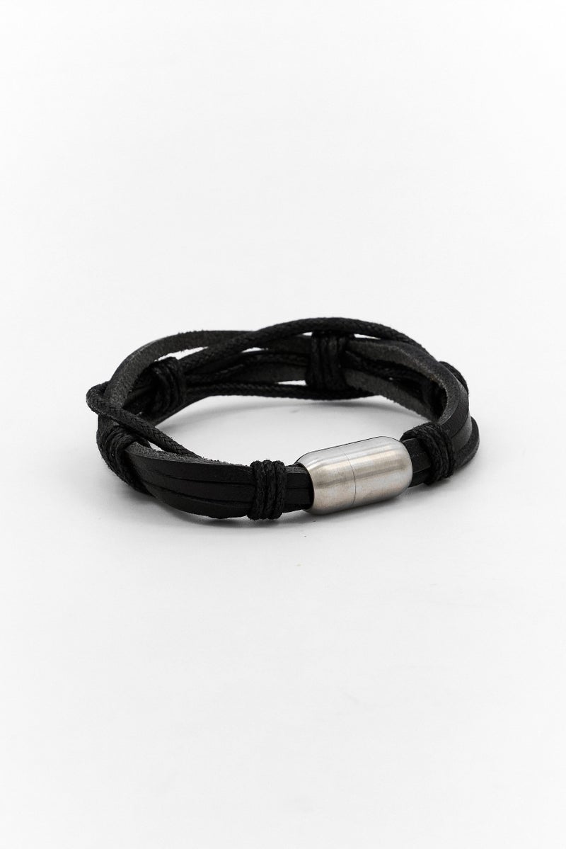 Steeltime Men Leather Layered Bracelet, Black - Image 2