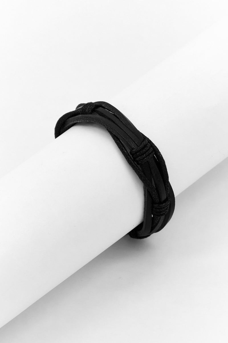 Steeltime Men Leather Layered Bracelet, Black - Image 1