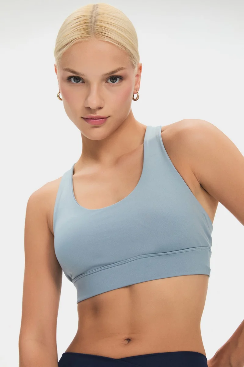 JOYSTAR Women's Halter Neck Blue Gray Supportive Back Detailed Covered Sports Bra