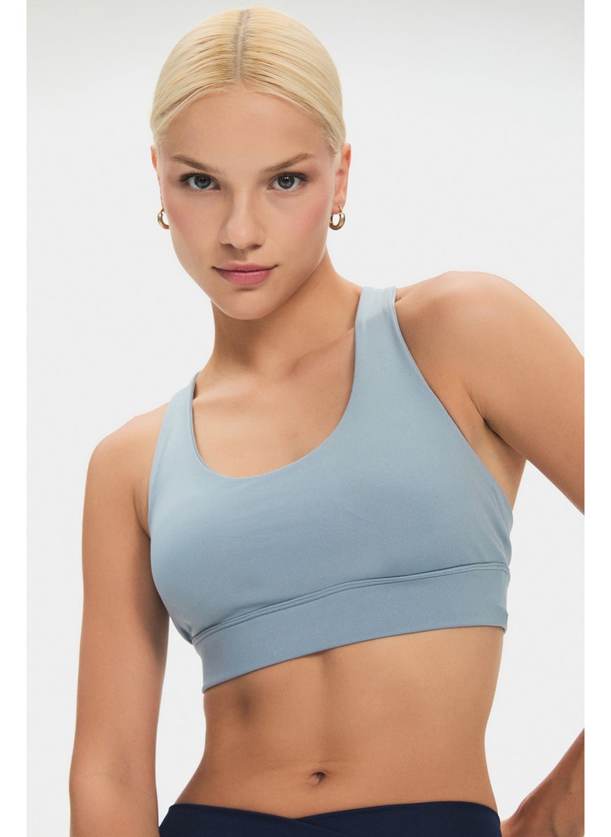 JOYSTAR - Women's Halter Neck Blue Gray Supportive Back Detailed Covered Sports Bra - Image 1
