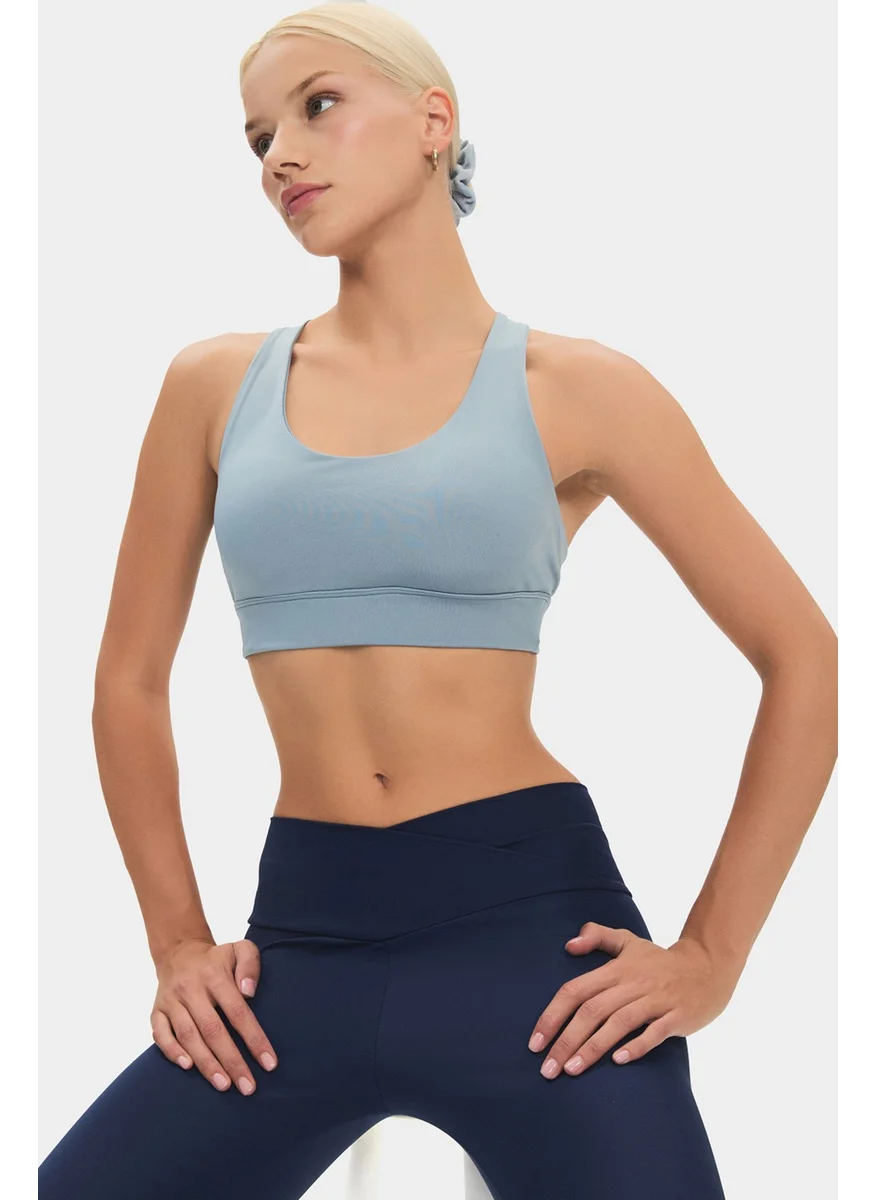 JOYSTAR Women's Halter Neck Blue Gray Supportive Back Detailed Covered Sports Bra