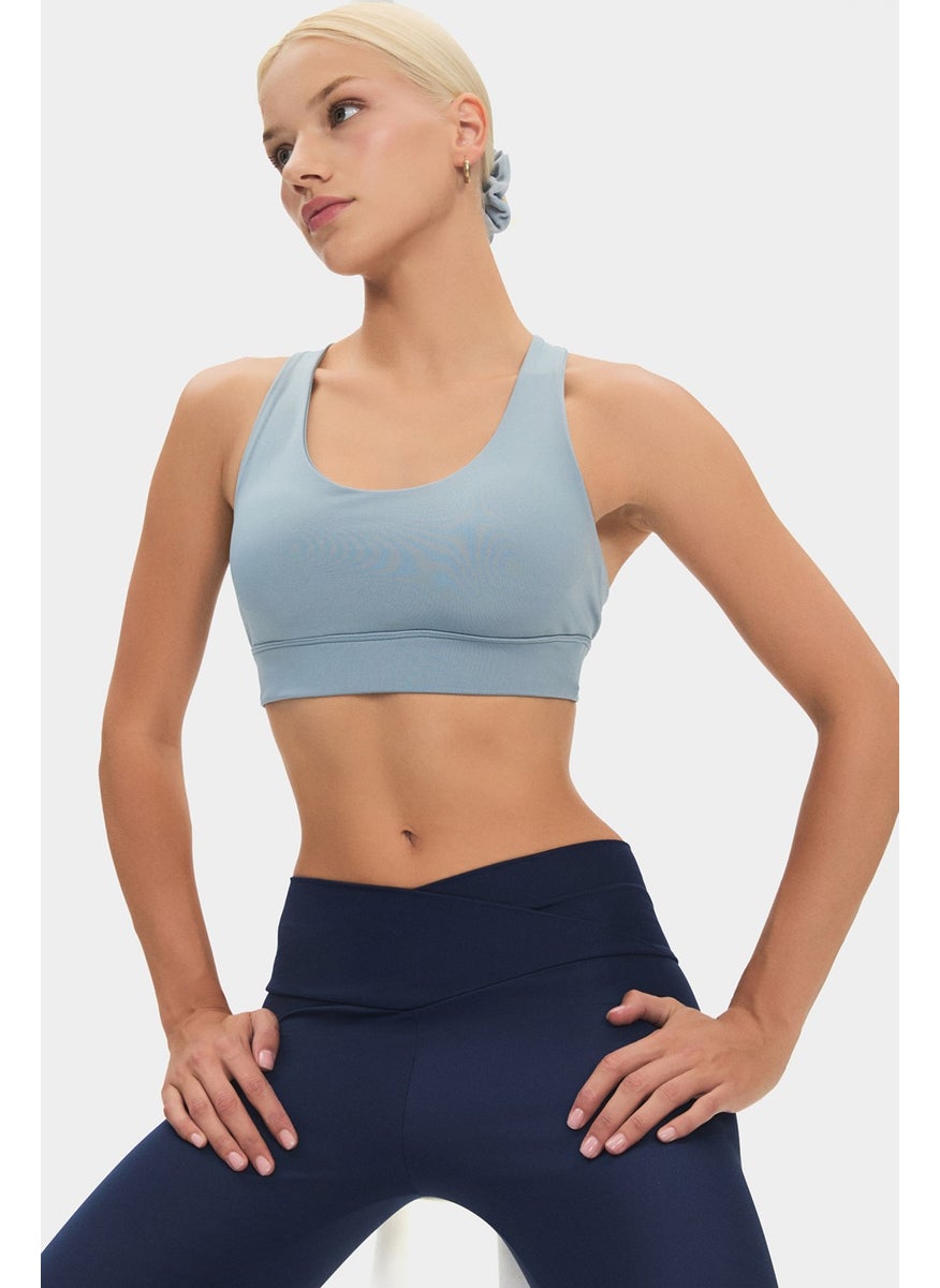 JOYSTAR - Women's Halter Neck Blue Gray Supportive Back Detailed Covered Sports Bra - Image 1
