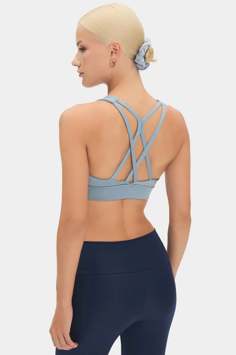 JOYSTAR Women's Halter Neck Blue Gray Supportive Back Detailed Covered Sports Bra