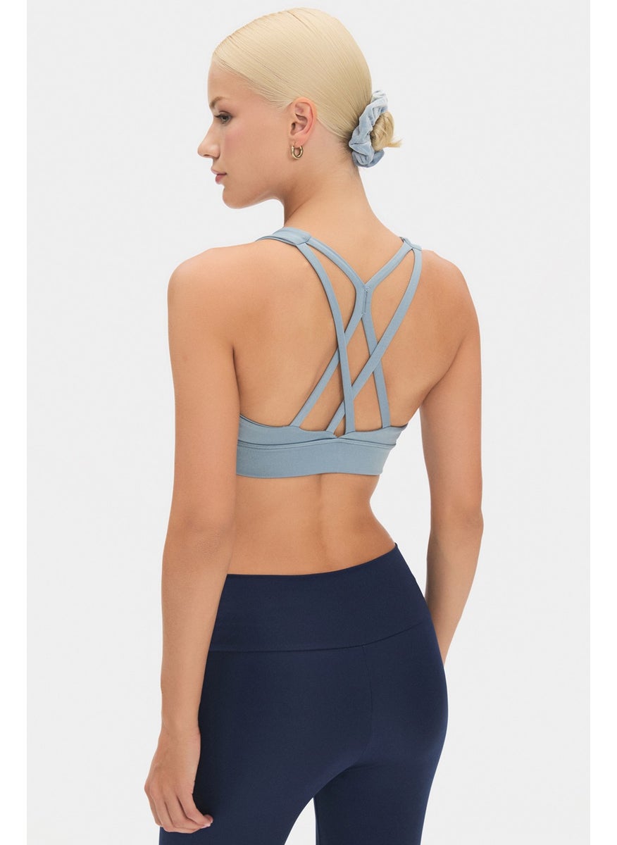JOYSTAR - Women's Halter Neck Blue Gray Supportive Back Detailed Covered Sports Bra - Image 1