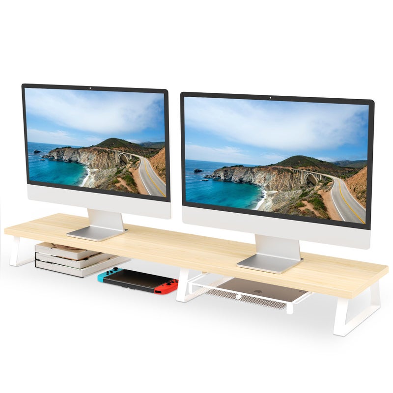 Aothia Aothia Large Dual Monitor Stand Riser - Wooden Computer Desk Stand with Metal Legs,Desk Organizer with Drawer and Underneath Storage,Desk Shelf for PC/Printer/TV/Laptop, Oak  - Image 1