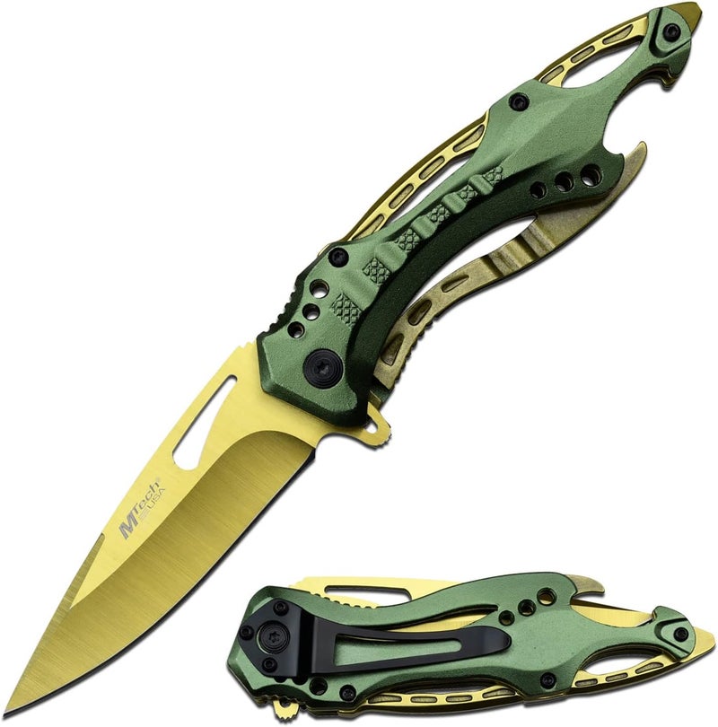 MTECH USA Folding Knife, 3.75-Inch Half-Serrated Blade, Titanium Coating, Glass Breaker, Pocket Clip - Image 1