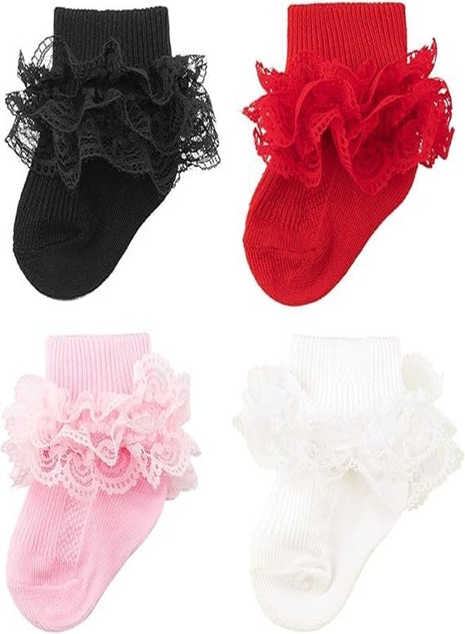 CUTEABLY جوارب دانتيل مكشكشة مزينة بكشكشة للأطفال حديثي الولادة، مصنوعة من القطن، بتصميم فستان أميرة، مع طية للكاحل، 4 أزواج (مقاسات: 0 شهر، 6 أشهر، 4، متعددة الألوان) - Image 1