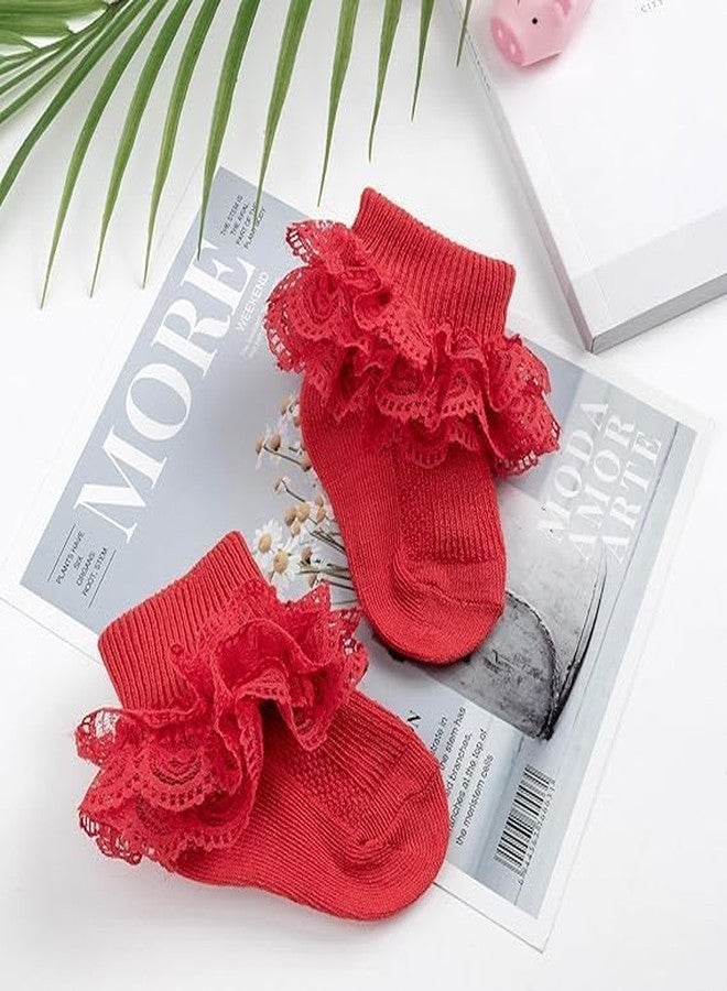CUTEABLY جوارب دانتيل مكشكشة مزينة بكشكشة للأطفال حديثي الولادة، مصنوعة من القطن، بتصميم فستان أميرة، مع طية للكاحل، 4 أزواج (مقاسات: 0 شهر، 6 أشهر، 4، متعددة الألوان) - Image 4