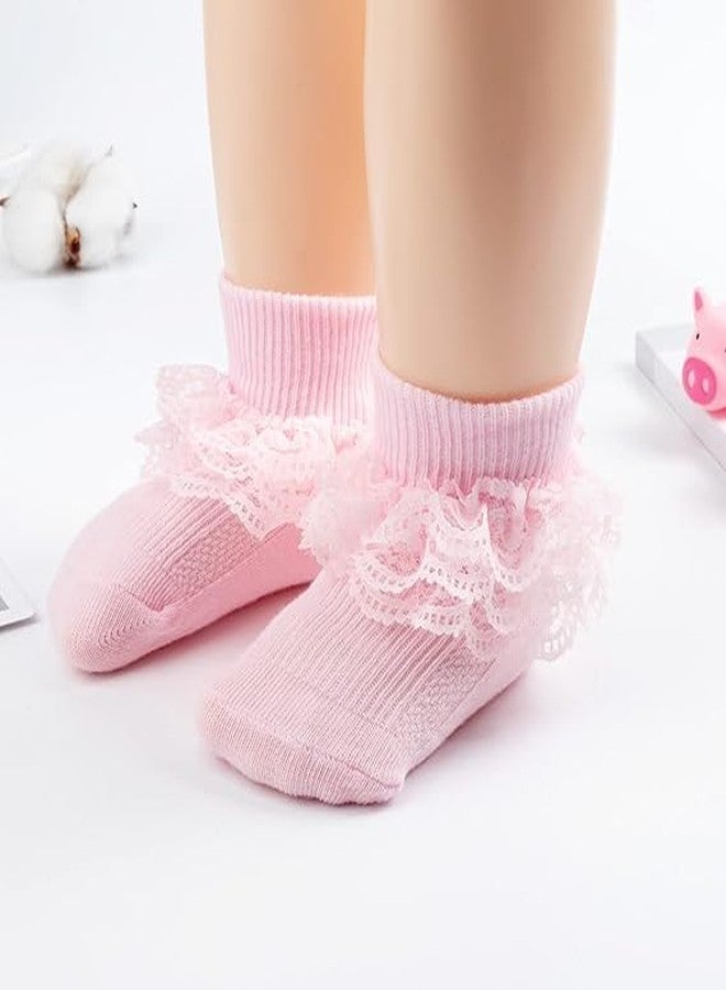 CUTEABLY جوارب دانتيل مكشكشة مزينة بكشكشة للأطفال حديثي الولادة، مصنوعة من القطن، بتصميم فستان أميرة، مع طية للكاحل، 4 أزواج (مقاسات: 0 شهر، 6 أشهر، 4، متعددة الألوان) - Image 5